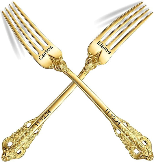 [2 Pack] Personalized Vintage Wedding Forks, Custom Luxury Dinner Forks Engraved with Name/Date, Customized Antique Baroque Flatware for Dessert Cake Salad Gift for Party Favors Engagements