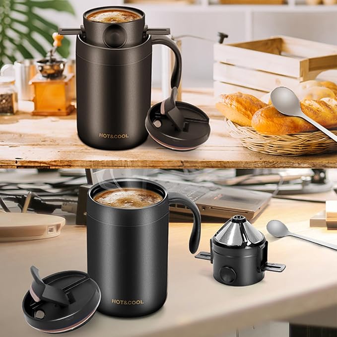 Irishom Portable Coffee Maker Stainless Steel Vacuum Insulated Travel Coffee Dripper Set Double Mesh Filter Foldable Design for Camping Office Backpacking (Black)