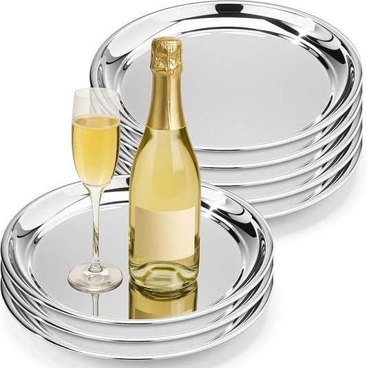 Lounsweer 8 Packs Round Silver Mirror Decorative Tray 10 Inch Diameter Stainless Steel Metal Serving Tray Dinner Plate Round Stainless Trays Mirrored Finish Circular Bar Platter for Vanity Kitchen