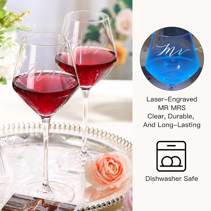 Mr and Mrs Wine Glasses Set with Wooden Box and Wine Accessories – Engagement or Housewarming Gift for Couple