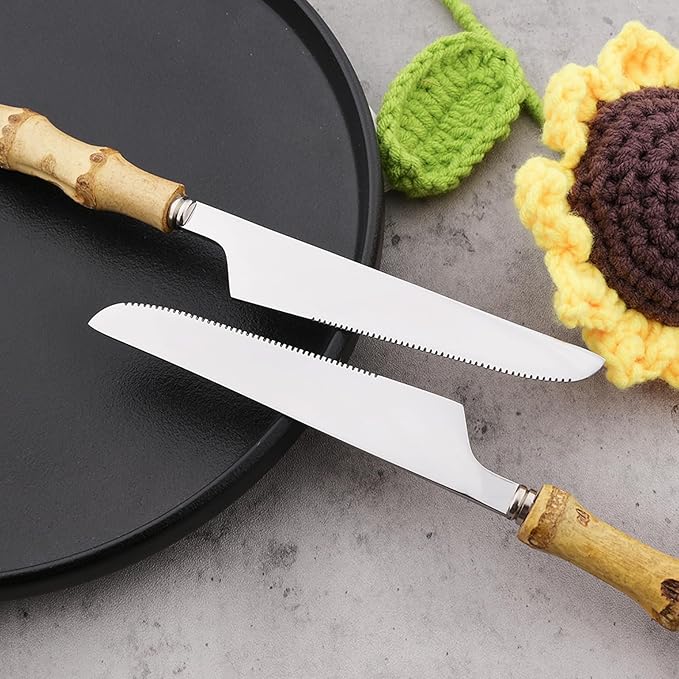 Natural Bamboo 8pcs Dinner Knife, Food Grade Stainless Steel Mirror Polished Sharp Silverware Table Knives Resuable Steak knife, 8.86-inch, Silver