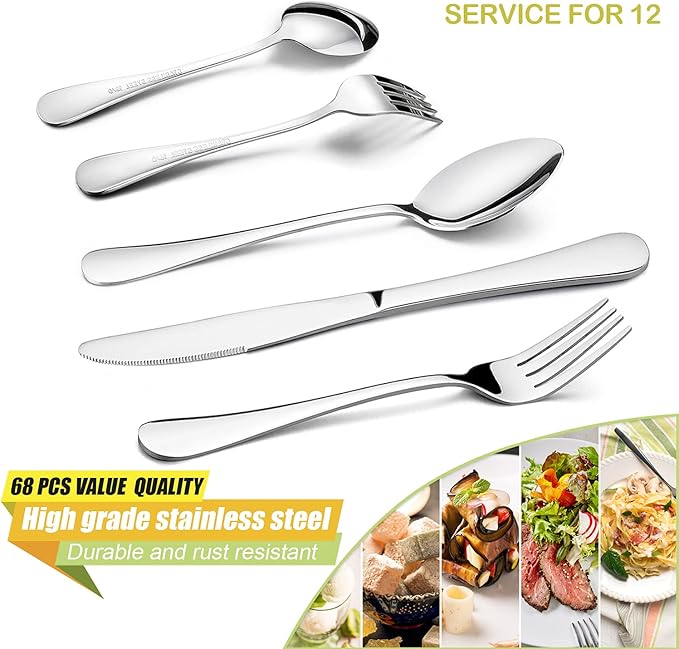 HaWare 68 Pieces Silverware Set with Serving Set, Stainless Steel Modern Flatware Eating Utensils Set, Includes Forks/Spoons/Dinner Knives, Service for 12, Mirror Polished, Dishwasher Safe