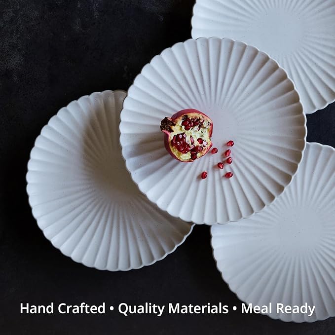 Goodies White Classic Flower Dinner Plates (Set of 4), Handmade Ceramic, Glazed, Dishwasher Safe, Microwave Safe, Petal Shaped Rim Design, Durable, Stackable, Elegant Dinnerware, 10 Inch
