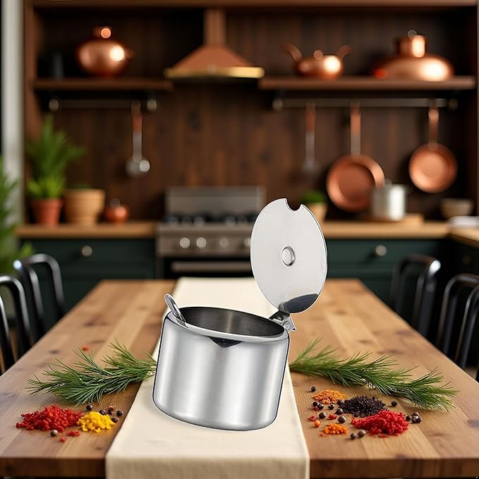 Set of Silver 285ml Stainless Steel Sugar Bowl with Spoon,Condiment Seasoning Pot Sugar Canister with Spoon - Storage Tank for Various Seasonings and Spices,Dinnerware and Serveware Kitchen Gadgets