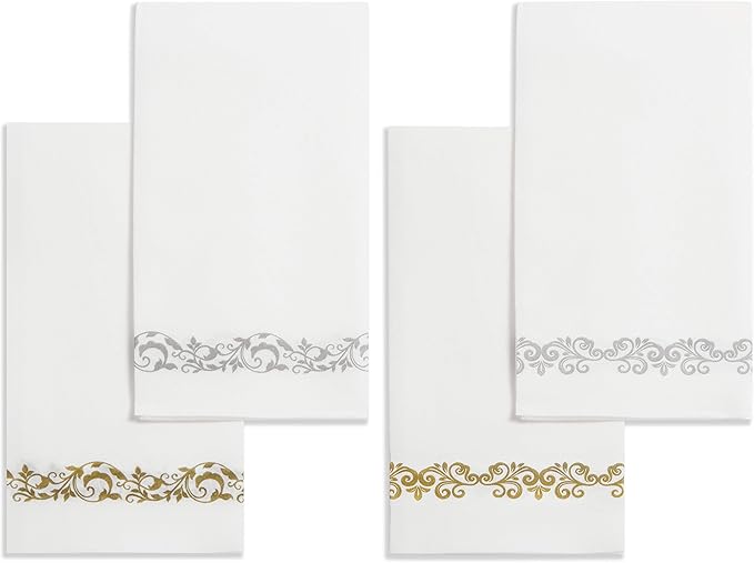 AMERICAN HOMESTEAD Disposable Hand Towels for Bathroom - Decorative Silver Vintage Design - Linen-Like Guest Napkins for Events, or Dinner Parties - Paper Towels - 15.5" x 12" - 100 Count