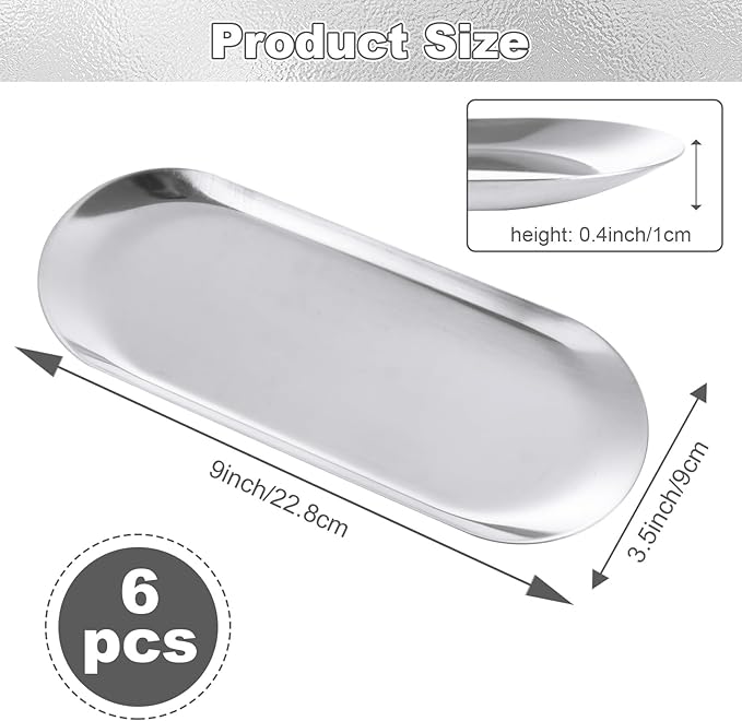 CYEAH Stainless Steel Decorative Tray Set of 6, Silver Decorative Tray 9 inch, Oval Jewelry Dish Bathroom Vanity Small Serving Trays Candle Holder, Stainless Steel Cosmetics Perfume Trays