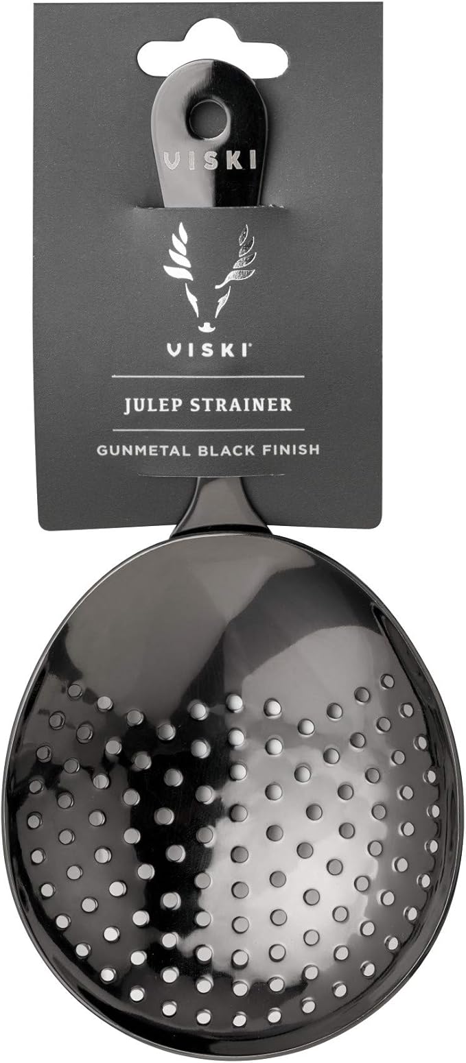 Viski Julep Stainless Steel Cocktail Strainer, Bar Tools, Drinks Spoon for Bartenders and Mixologists, Home or Commercial Use, Professional Metal Barware, Black, 6.75"