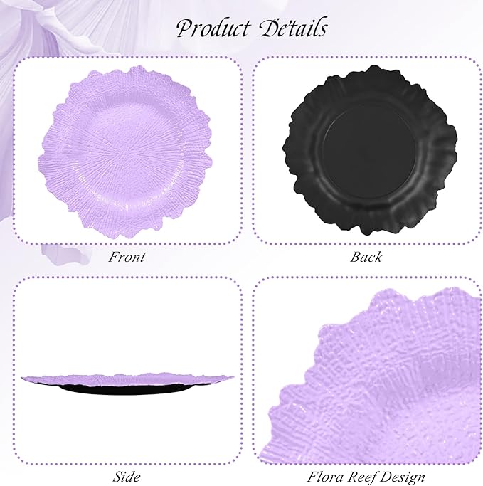 50 Pack Lavender Charger Plates Bulk, 13" Plastic Reef Chargers for Dinner Plates, Round Charger Plate with Floral Reef Design for Dinner Wedding Party Table Setting Decoration