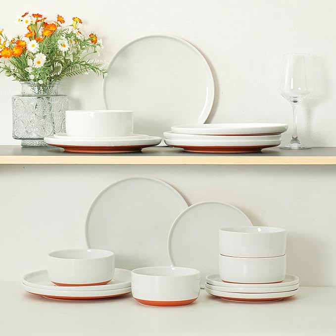 6 Piece Dinnerware Sets for 2, Dual Glaze Stoneware Plates and Bowls Set, Microwave and Dishwasher Safe, Stardust Glaze White