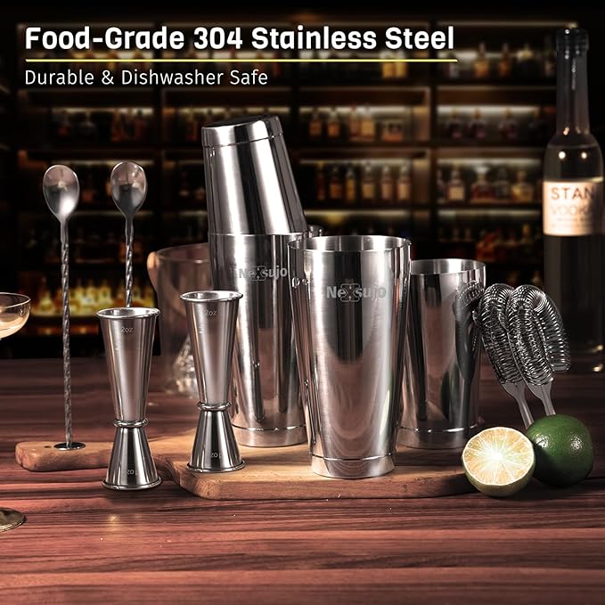 Boston Cocktail Shaker Set, 8-Piece Bar Tools Set, Professional Bar Set with Boston Shaker, Bar Spoon, Jigger, Hawthorne Strainer, Stainless Steel, Dishwasher Safe, Ideal Bartender Kit for Bar