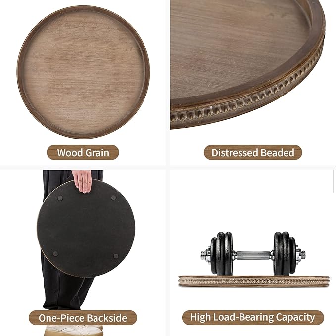 Hanobe Large Round Decorative Tray: 45cm Coffee Table Beaded Tray Vintage Circle Big Wood Trays Decor Rustic Farmhouse Ottoman Centerpiece Serving Home for Counter