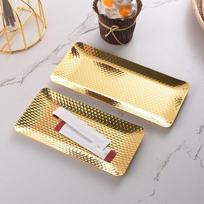 2PCS Stainless Steel Tray, Silver Tray Decorative Hammered Tray Stainless Serving Tray for Home Kitchen Bathroom Counter Organizer(gold)