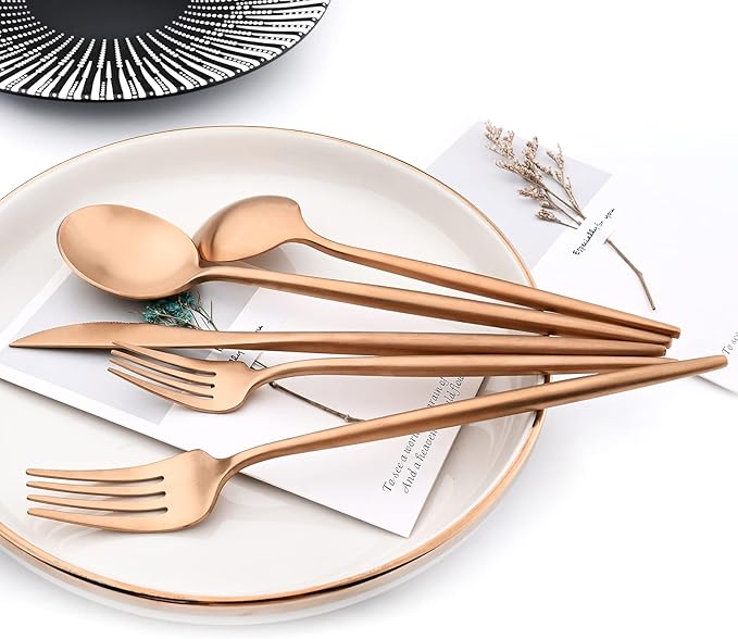24Pcs Luxury Matte Black Flatware Set, 18/10 Stainless Steel Simple & Heavy Tableware Cutlery Set For Home Kitchen Wedding Restaurant Dinner, Service For 4 (Copper)