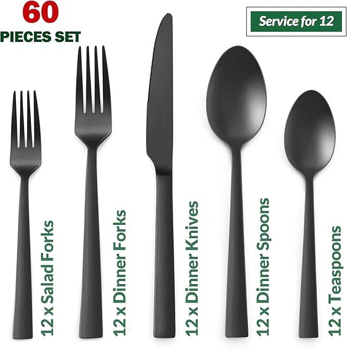 60-Piece Matte Black Silverware Set, E-far Stainless Steel Flatware Set Service for 12, Metal Cutlery Eating Utensils Tableware Includes Forks/Spoons/Knives, Square Edge