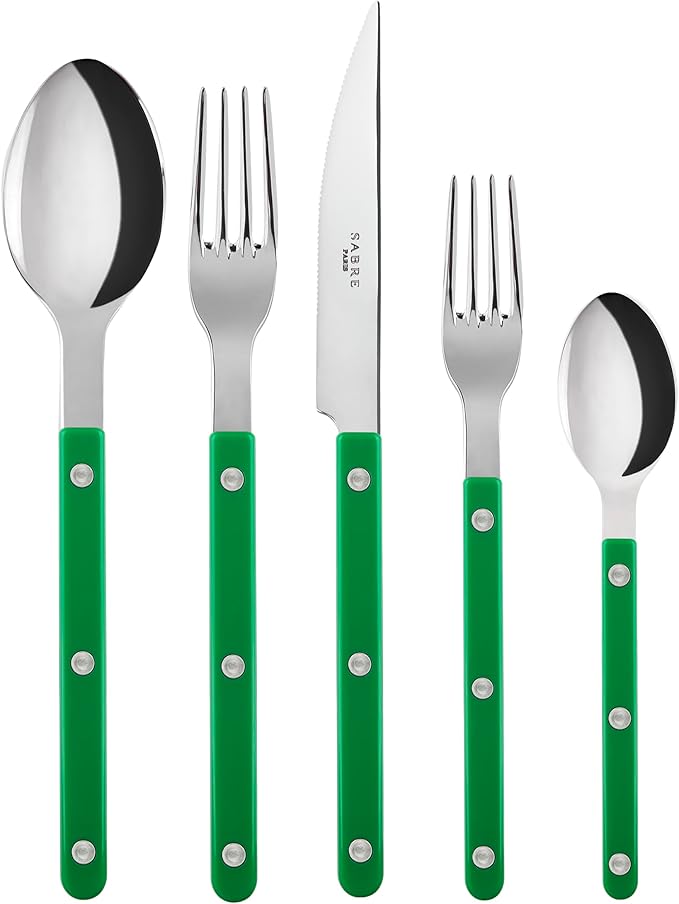 SABRE PARIS - 20-Piece Flatware Set for 4 - Bistrot Collection - Knife, Fork, Soup Spoon, Teaspoon & Dessert Fork - Stainless Steel & Nylon - Dishwasher Safe - Garden Green - Shiny Finish