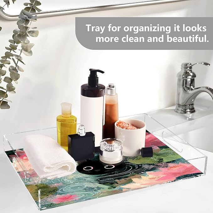 Serving Tray with Handles Clear Acrylic Tray 12x16 Inch Decorative Rectangular Tray Organizer for Ottoman Coffee Table Bathroom Cat Lotus Flowers Blue