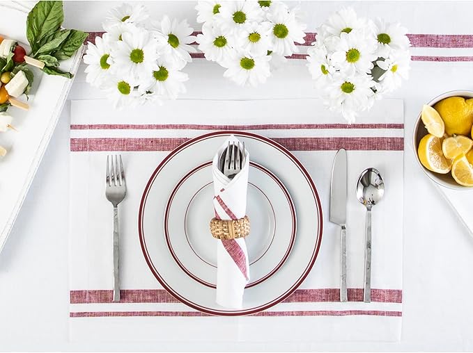 Solino Home French Stripe Linen Napkins Set of 4 - Burgundy and White 100% Pure Linen Cloth Dinner Napkins 20 x 20 Inch for Christmas, Holiday, Winter, New Year