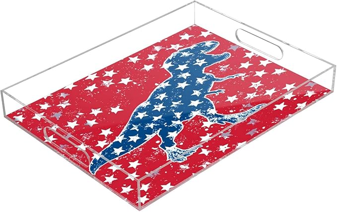 Serving Tray with Handles Clear Acrylic Tray 12x16 Inch Decorative Rectangular Tray Organizer for Ottoman Coffee Table Bathroom Red T-rex and Us Flag Stars