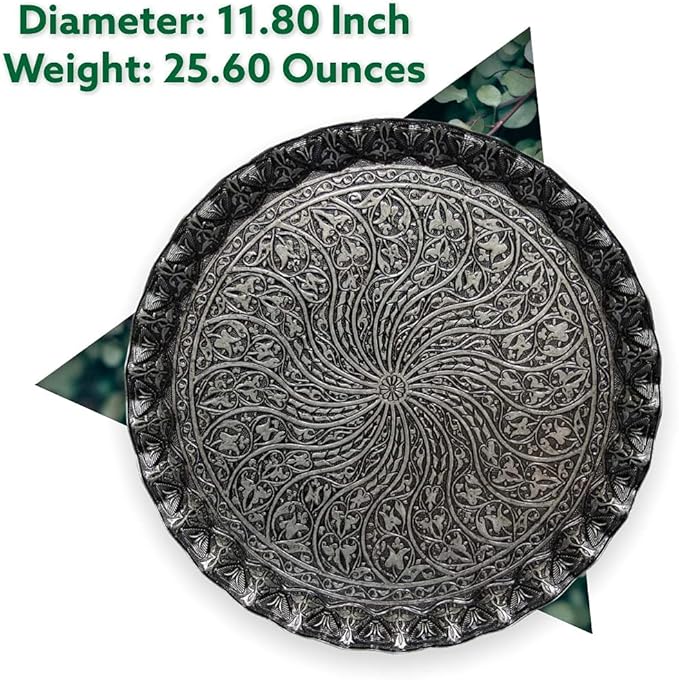 Alisveristime Turkish Ottoman Coffee Tea Serving Tray – 11.8 Inches, Wavy Zamac Tray with Traditional Motifs, Available in Five Color Variations (Black)