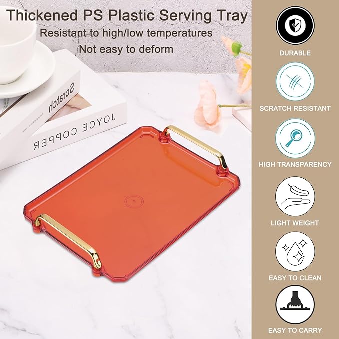 PATIKIL 12 x 8.6 Inches Plastic Serving Tray with Golden Handles, Reusable Tray Rectangular Party Platters for Dessert Coffee Tea Table, Living Room Kitchen Countertop, Red