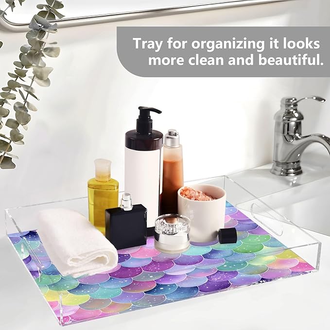 Serving Tray with Handles Clear Acrylic Tray 12x16 Inch Decorative Rectangular Tray Organizer for Ottoman Coffee Table Bathroom Watercolor Mermaid Scales Colors