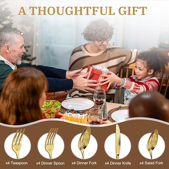 20-Piece Stainless Steel Silverware Set, Elegant Floral Engraved Cutlery Flatware Set for 4, Golden Tableware Utensil Sets Durable Include Fork Spoon Knife with Mirror Polish