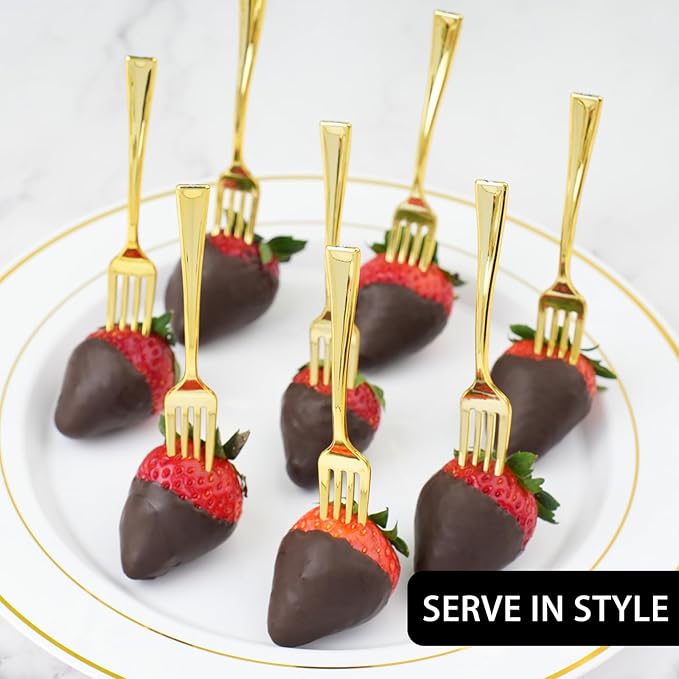 Qeirudu 4 Inch Gold Plastic Mini Forks, 100 Pack Disposable Appetizer Forks Heavy Duty Tiny Forks for Party Small Desserts, Charcuterie, Samples, Cocktails and Strawberries