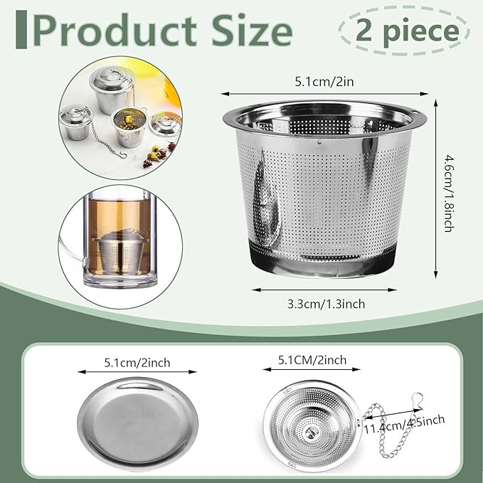 2 Pack Tea Strainers for Loose Tea, Extra Fine Mesh 18/8 Stainless Steel Tea Infuser, Loose Leaf Tea Steeper Tea Diffuser with Extended Chain Hook and Drip Tray (Small)