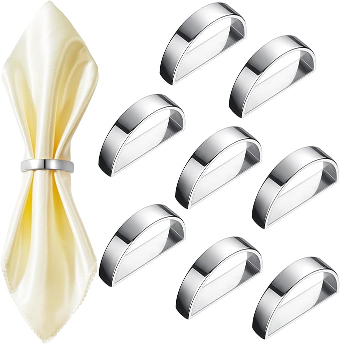 8 Pcs Stainless Steel Napkin Rings Metal Napkin Ring Holders Easter Modern Serviette Buckles Metallic Adornment for Spring Table Kitchen Dinner Party Wedding(Bright Silver Semicircle)