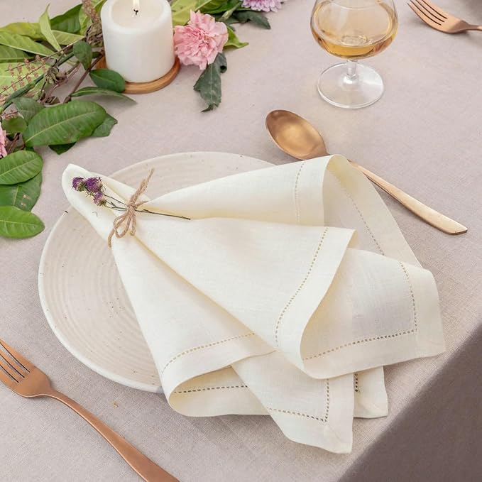 D'Moksha Homes Ivory Linen Napkins Set of 4 - Classic Hemstitch 100% Pure Linen Hemstitch Dinner Napkins 20 x 20 Inch for Winter, Christmas, Holiday, New Year - Handcrafted and Machine Washable