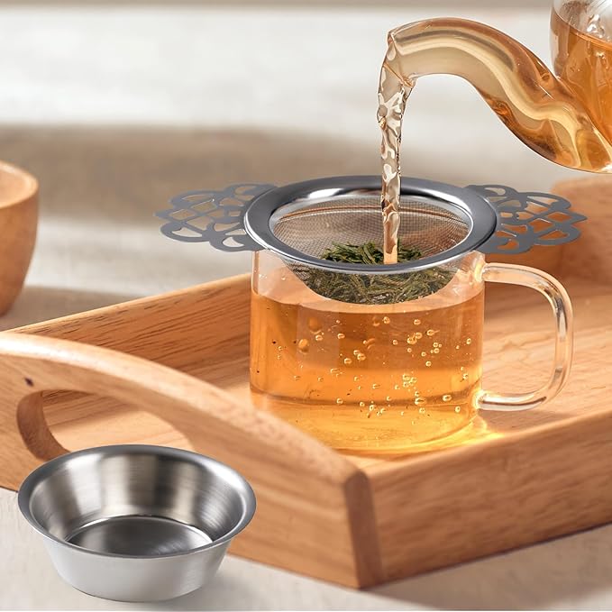 3 Pack Tea Filter Mesh 304 Stainless Steel Tea Drain Strainer 2.5 Inch Teapot Strainer With Petal Handles and Drip Bowl Tea Strainers for Loose Tea Juice Coffee Filter, Silver