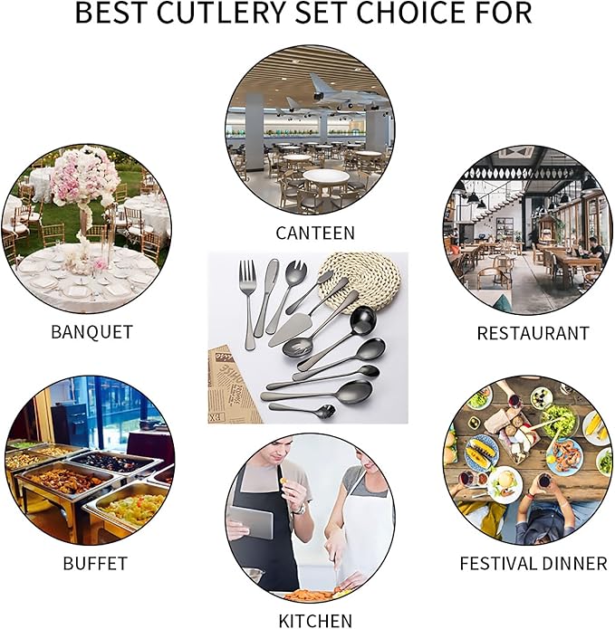 11-Piece Serving Utensil Set, Stainless Steel Modern Flatware Serving Set Serving Spoons Fork Knife Ladle, Tableware Cutlery for Home Restaurant Buffet Party (Black)