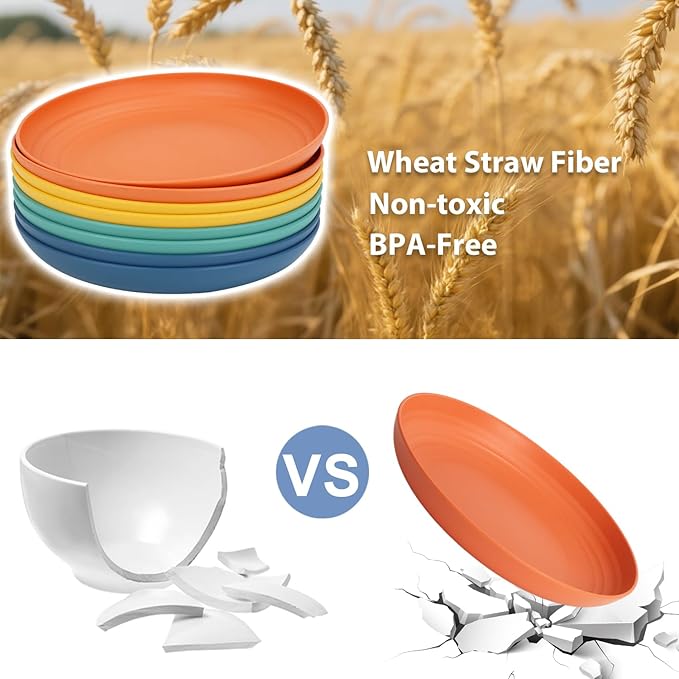 Wheat Straw Plates 10 Inch Deep Dinner Plate Set of 8, Lightweight and Unbreakable Plastic Plates Reusable, Microwave & Dishwasher Safe Kitchen Plate (Multi Colors)