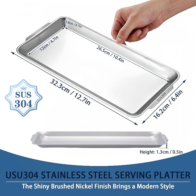 304 Stainless Steel Serving Tray, 12.7" Rectangle Silver Platter, Metal Serving Tray with Handles, Decorative Organizer Trays for BBQ,Party,Buffet,Coffee, Appetizer
