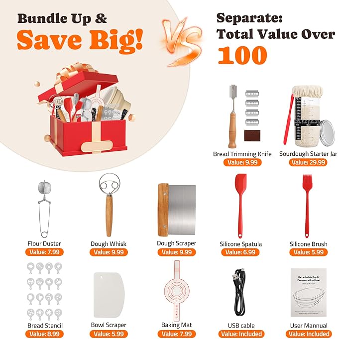 Heating Sourdough Starter Kit, 2L Electric Thermostatic Silicone Square Foldable Banneton Bread Proofing Basket with 6 Timer & Temp Settings for Dough Rising, Dishwasher Safe, Bread Making Kit