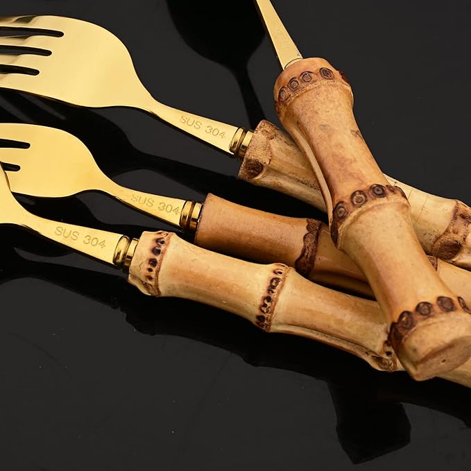 JASHII 30pcs Bamboo Handle Silverware Set, 304 Stainless Steel Gold Flatware Set, Service for 4, with 2pcs Serving Spoons.Mirror Polished, Reusable Bamboo Cutlery Set for Home Party
