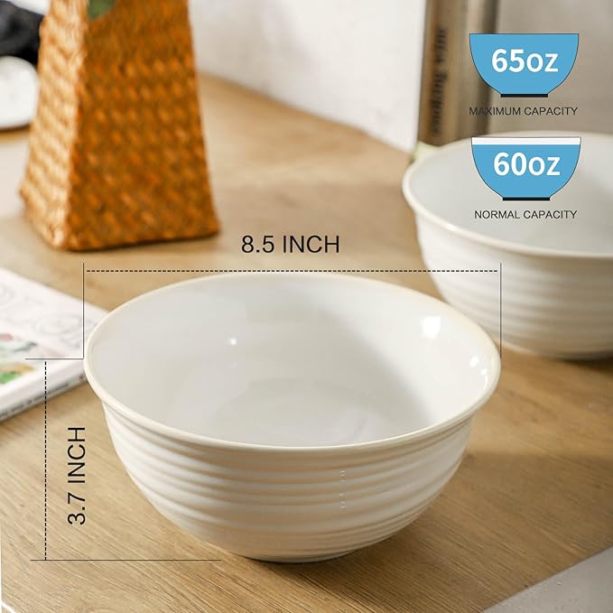 Ceramic Serving Bowls Set of 2, 65 Ounce Large Kitchen Deep Bowls for Salad Soup Ramen Pasta Cereal Fruit, Durable Microwave & Dishwasher Safe, Ideal for Home Dining & Gifting, White
