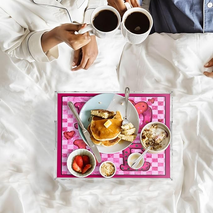 Serving Tray with Handles Clear Acrylic Tray 12x16 Inch Decorative Rectangular Tray Organizer for Ottoman Coffee Table Bathroom Pink Checkered Valentine Love Hearts