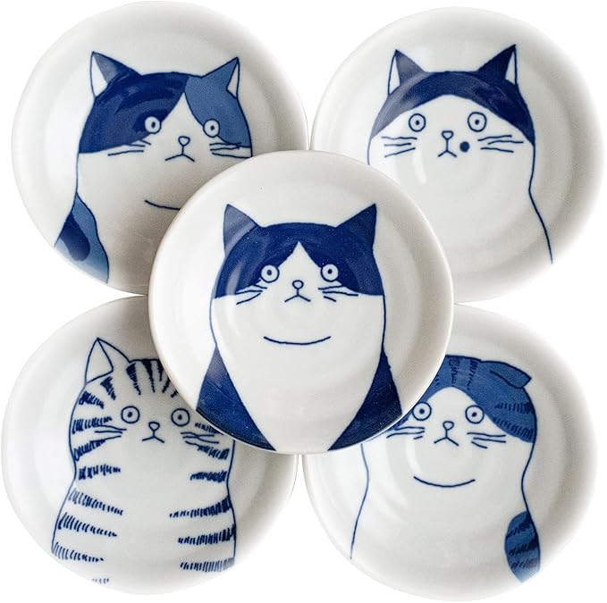 Dessert Sushi Soy Sauce Salad Ceramic Plates Cats Design Set of 5 Made in Japan 5 Cats 4.7in