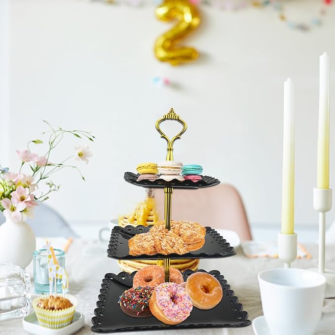 5 Pcs Cupcake Stand Set, Dessert Table Display Set with 2xSquare 3-Tier Cake Stands Holder + 3X Appetizer Trays Suitable for Birthday Wedding Tea Party Baby Shower (Black, Lace Hole Square)