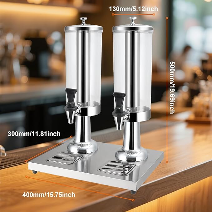 1 Gallon Commercial Beverage Dispenser with Centre Ice Core and Stand Drip Trays Stainless Steel Cold Drink Dispenser for Parties Pub Cafeteria Restaurant Home Hotel (silver, double head)