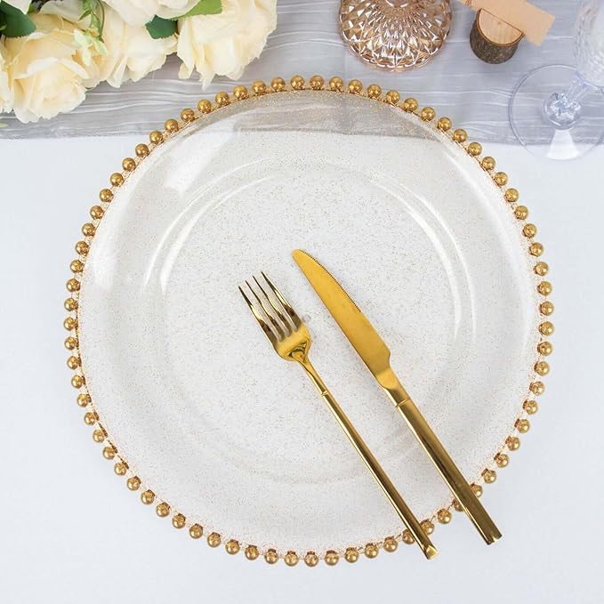 13" Charger Plates - Set of 12 - Clear Gold Round Acrylic Disposable Chargers with Beaded Rim, Ideal for Dinner Party Wedding Bulk Events