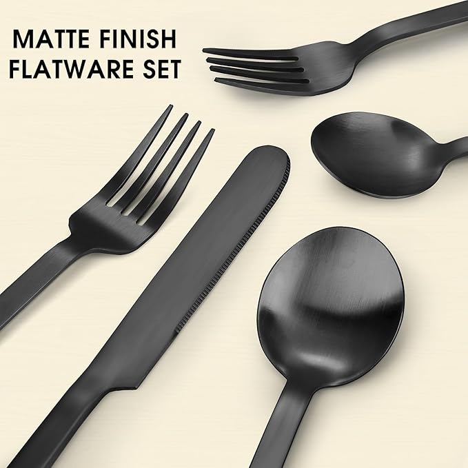 Black Silverware Set, LAZAHOME 20-Piece Flatware Cutlery Set Service for 4, Stainless Steel Kitchen Utensil Set, Spoons And Forks Set, Matte Finished, Dishwasher Safe