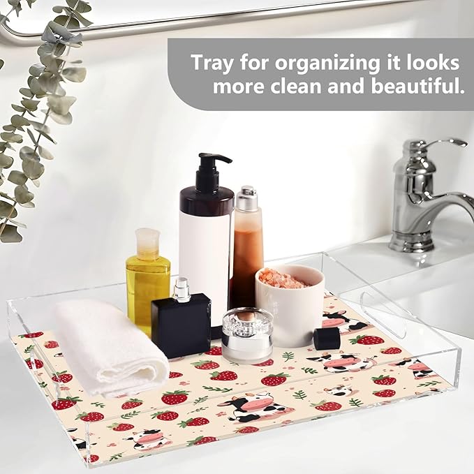 Serving Tray with Handles Clear Acrylic Tray 12x16 Inch Decorative Rectangular Tray Organizer for Ottoman Coffee Table Bathroom Beige Strawberry Cows