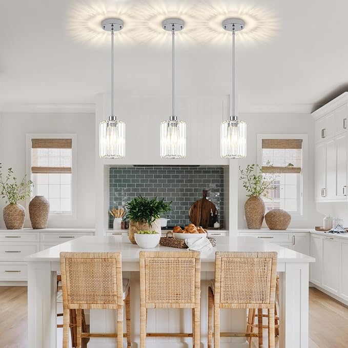 Chrome Pendant Lights, Modern Crystal Pendant Lighting for Kitchen Island, Mini Kitchen Chandeliers Hanging Pendant Lights for Bedroom Dining Room Hallway
