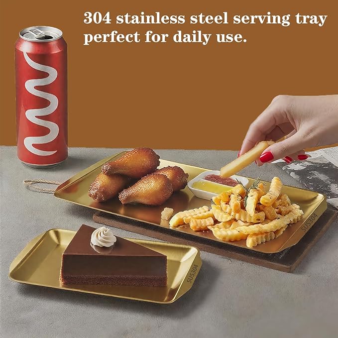 Gold Tray for Coffee Table, 304 Stainless Steel Serving Tray, 8.9" Vanity Organizer Tray for Camping, BBQ, Party, Buffet, Appetizer, Bathroom Supplies