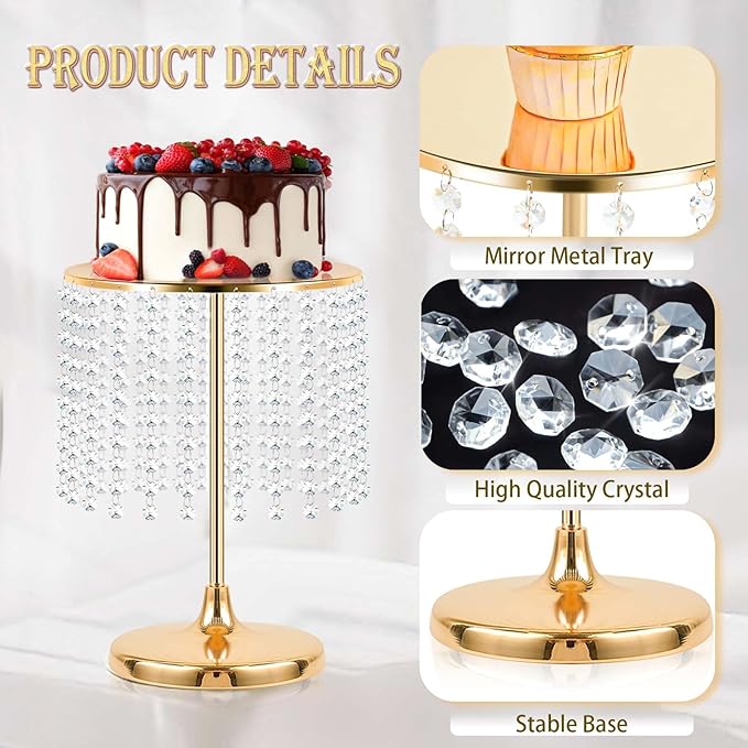 Metal Mirror Cake Stand Set with Crystal Pendants - Elegant Dessert Table Display for Weddings, Birthday Parties, Baby Showers, Events - Sturdy Crystal Bling Cupcake Stands for Pastries, Sweets, Decorations (Gold, Set of 3)