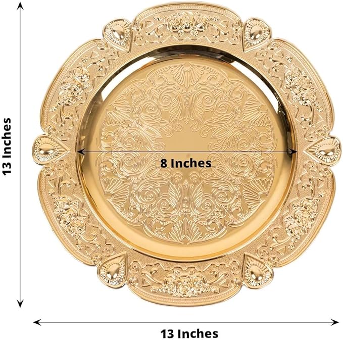 Efavormart 6 Pack Gold Floral Embossed Acrylic Charger Plates With Scalloped Rim, 13" Round Plastic Decorative Serving Plates