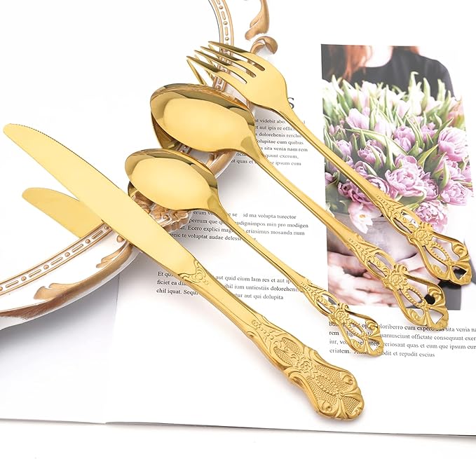 Elegant 32-Piece (4 Set) Retro Flatware Set, Stainless Steel Cutlery Set - Complete Eating Tableware Serving Set, Dishwasher Safe, Shiny Mirror Polish (Gold)