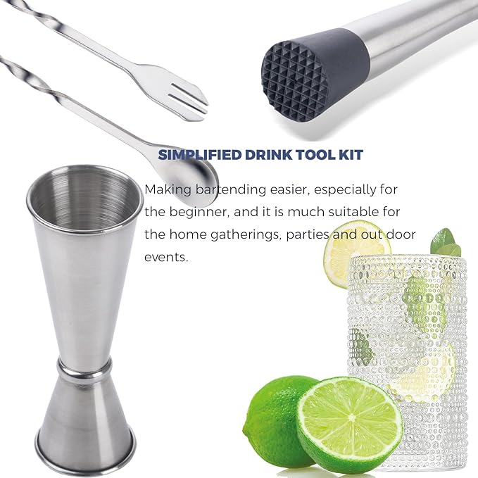 Muddler for Cocktails, 10 Inches Bar Spoon, 1 oz 2 oz Double Jigger- Premium 3 Piece Silver Mixing Tools Set for Drinks